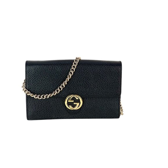 Gucci Interlocking Black Leather Dollar Calfskin GG Wallet on a Chain Clutch Bag - Picture 1 of 11